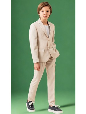 Keten Jogger Erkek Çocuk Takım Elbise – Ceketli Pantolonlu Tişörtlü Yaka Broşlu 4’lü Set