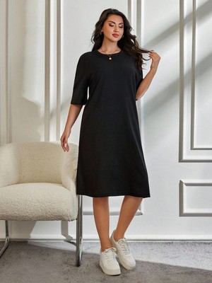 ModaSehle Kadın Büyük Beden Kısa Kollu Yırtmaç Detaylı Kaşkorse Elbise