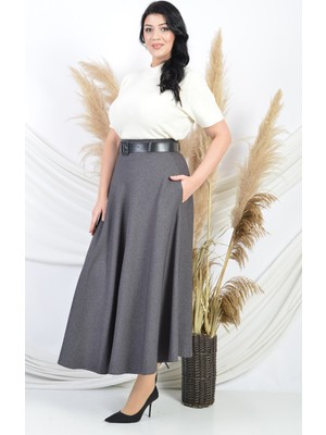 Soralline  Kadın  Kışlık Kloş Etek 779 Gri 95 cm Boyunda Astarlı