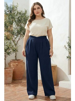 Stil Diva Büyük Beden Pileli Cepli Geniş Paça Esnek Kumaşlı Pantolon 875-V