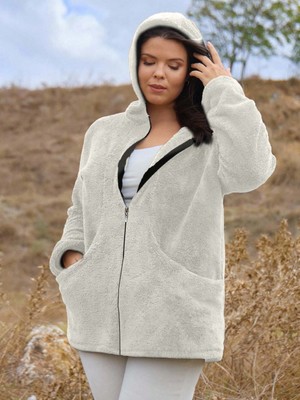 ModaSehle Kadın Büyük Beden Uzun Kollu Cepli Kapüşonlu Fermuarlı Peluş Hırka Ceket