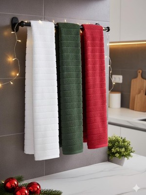 Modalin 3 Lü Mutfak Havlu Seti Rayon Yılbaşı Renkleri Kırmızı Yeşil Beyaz 45 x 70