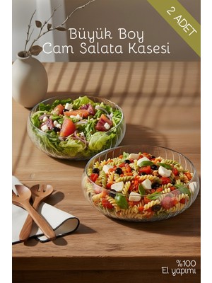 Nandy Home 2'li Set Büyük Boy Cam Salata Kasesi - Iskandinav Tarz Kase - Şeffaf Kase