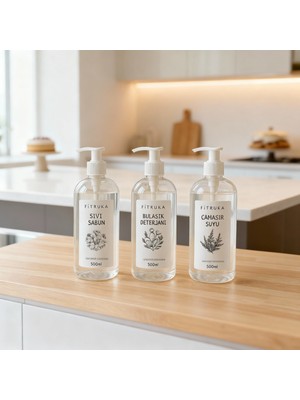 Ftrk Store Sıvı Sabun, Bulaşık Deterjanı ve Çamaşır Suyu Etiketli Plastik Şeffaf Şişe 500ML