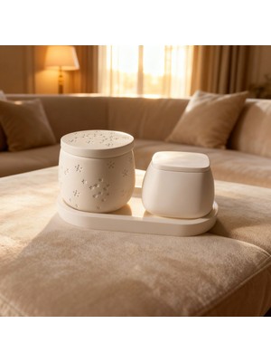 Ftrk Store Vanilya Kokulu Kapaklı Desenli Büyük Mum & Modern Kapaklı Mum Seti – Oval Tepsi Dahil