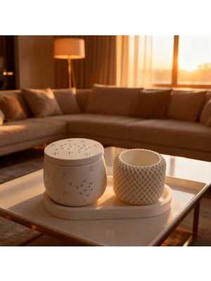 Ftrk Store Vanilya Kokulu Kapaklı Desenli Büyük Mum & Örgü Dokulu Modern Mum Seti – Oval Tepsi Dahil