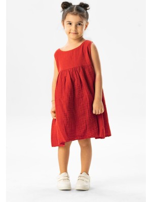 Eliş Şile Bezi Kolsuz Bilge Yazlık Müslin Çocuk Elbise Kırmızı Krmz
