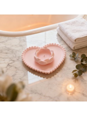 Ftrk Store Pembe Kalp Tepsili Lotus Çiçek Mum