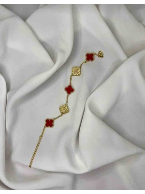 Güneş Takı Gold Kırmızı Çift Taraflı Yaldızlı Yonca Bileklik