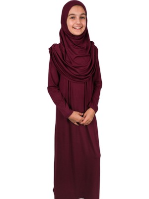 İhvan Online Pratik Başörtülü Tek Parça Çocuk Namaz Elbisesi 8-12 Yaş - Bordo