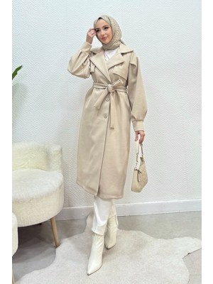 Tesettür Diyarı Danisa Cepkenli Astarlı Balon Kol Tesettür Kaban- Krem