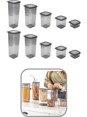 Eynel 10LU Set Gri Kare Saklama Kabı Silikon Kapak Hava Geçirmez Kuru Baklagil Kahve Bakliyat Makarna Kutu