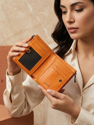 Yedideri  Deri Fermuarlı Yumuşak Turuncu Cüzdan