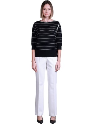 Vedi Sempre Minimalist Çizgili 3/4 Kol Kadın Kazak - Modern ve Rahat