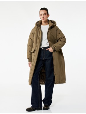 Koton Çıkarılabilir Kapüşonlu Uzun Kollu Fermuarlı Anorak Su Itici Oversize Uzun Mont