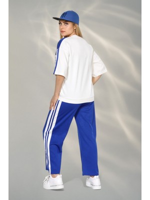 Newco Paris Temalı Kumaş Yumşak Dokulu Yan Şeritli Bluz ve Pantolon Alt Üst Takım - Sax Mavisi