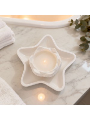 Ftrk Store Vanilya Kokulu Lotus Formlu Dekoratif Mum & Yıldız Tepsi Seti – El Yapımı Soya-Parafin Mum