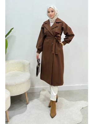 Tesettür Diyarı Danisa Cepkenli Astarlı Balon Kol Tesettür Kaban- Kahverengi