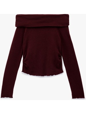 Koton Viskon Karışımlı Kaşkorse Omzu Açık Slim Fit Uzun Kollu Tişört