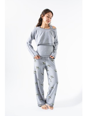 Ecrou Kadın Gri Melanj Panda Desen Waffle 3 Lü Pijama Takım