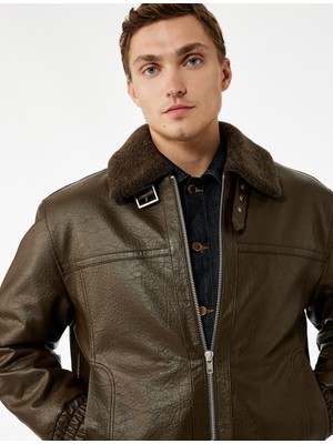 Koton Peluş Yaka Cep Detaylı Uzun Kollu Fermuarlı Suni Deri Ceket