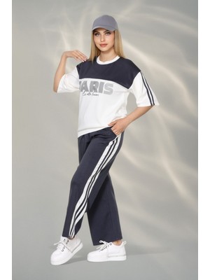 Newco Paris Temalı Kumaş Yumşak Dokulu Yan Şeritli Bluz ve Pantolon Alt Üst Takım - Füme