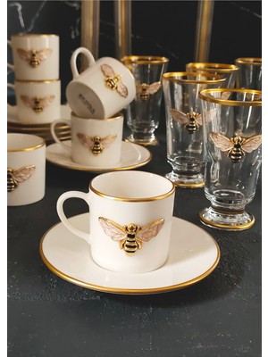 Regna Home Queen Bee 18 Parça 6 Kişilik Yaldızlı Kadehli Porselen Kahve Fincan Takımı
