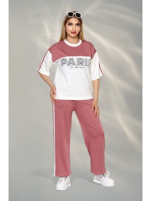 Newco Paris Temalı Kumaş Yumşak Dokulu Yan Şeritli Bluz ve Pantolon Alt Üst Takım - Gül Kurusu