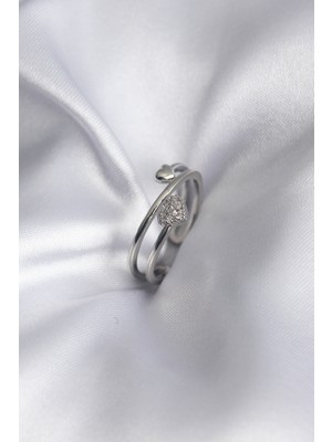 Novytech Pirinç Gümüş Renk Zirkon Taş Detay Kalp Kadın Yüzük - Lisinya