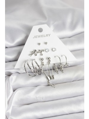 Novytech Pirinç Gümüş Renk 6'lı Kadın Küpe Seti - Lisinya