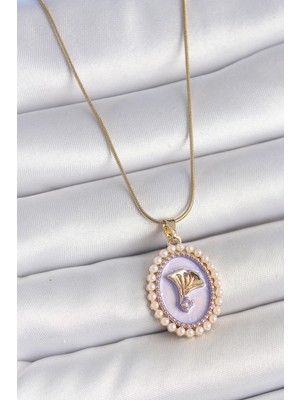 Novytech 316L Çelik Renk Zincir Mor Mineli Incili Zirkon Taşlı Çiçek Işlemeli Portre Kadın Kolye