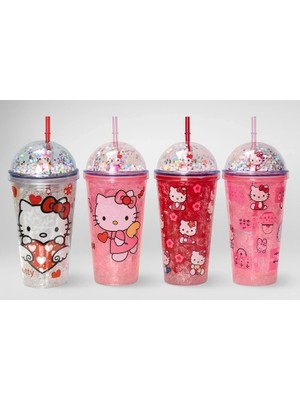 Novytech Sevimli Hello Kitty Işıklı Pipetli Boncuklu Suluk & Bardak 400 ml ALK3145 ( Lisinya )