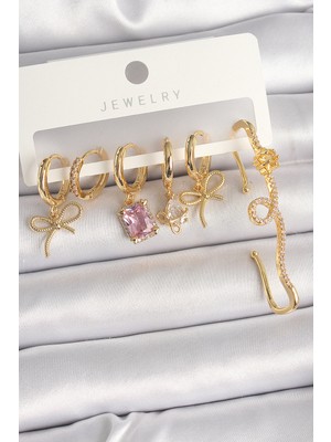 Novytech Pirinç Renk Sallantı Kurdele Pembe Kare Zirkon Taşlı Kadın Küpe Seti - Lisinya