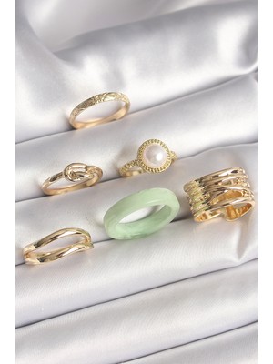 Novytech Pirinç Renk Düğüm Incili Işlemeli Plaka 6'lı Kadın Yüzük Seti - Lisinya