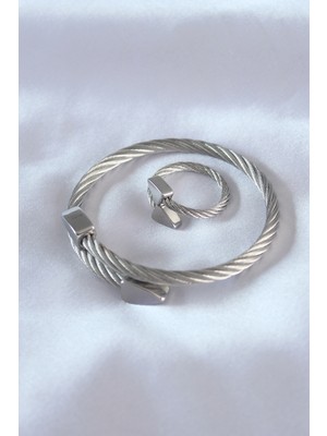 Novytech Çelik Gümüş Renk Burgu Erkek Bileklik Yüzük Seti - Lisinya