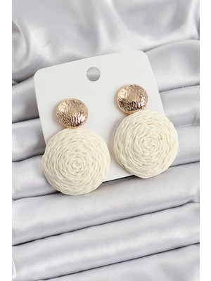 Novytech Krem Daire Figürlü Hasır Örgü Renk Kadın Küpe - Lisinya