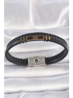 Novytech 316L Çelik Renk Gemi Dümeni Aksesuarlı Çift Sıra Burgu Desenli Deri Kordon Erkek Bileklik - Li
