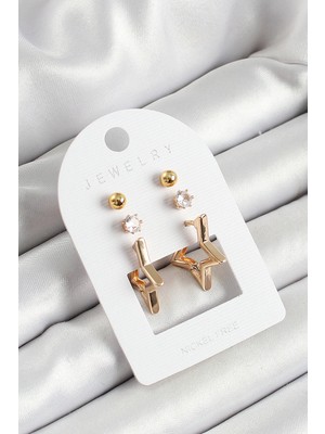 Novytech Pirinç Zirkon Taş ve Yıldız Figürlü Renk 3'lü Çift Kadın Küpe Set - Lisinya