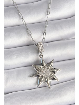 Novytech 316L Çelik Gümüş Renk Zirkon Taşlı Kutup Yıldızı Kadın Kolye - Lisinya