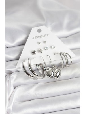 Novytech Pirinç Gümüş Renk 6 Çift Kadın Küpe Seti - Lisinya