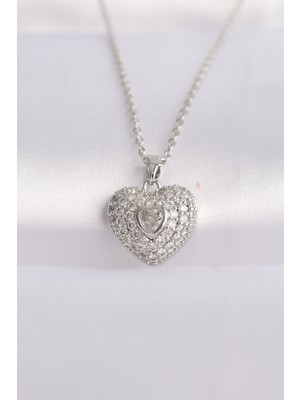 Novytech 316L Çelik Zincir Gümüş Renk Zirkon Taşlı Kalp Kolye - Lisinya