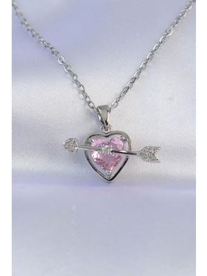 Novytech 316L Çelik Zincir Gümüş Renk Pembe Zirkon Taşlı Eros Kolye - Lisinya