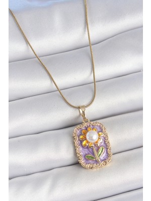 Novytech 316L Çelik Renk Zincir Mor Mineli Incili Işlemeli Portre Kadın Kolye - Lisinya