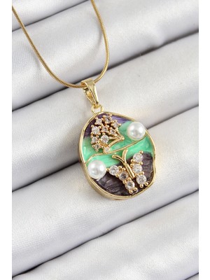 Novytech 316L Çelik Zincir Zirkon Taşlı Yeşil Mor Sanatsal Portre Inci Detaylı Ağaç ve Figürlü