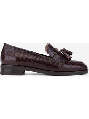 Valmenti Kadın Hakiki Deri Kahverengi Kroko Loafer Ayakkabı 33 15040 Bn Ayk SK25-26 Kahve Kroko