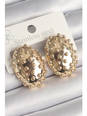 Novytech Pirinç Renk Işleme Detaylı Oval Bombe Plaka Kadın Küpe - Lisinya