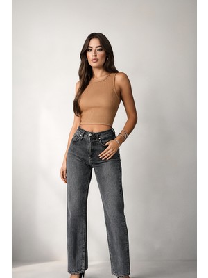 ogonline Kadın Kot Pantolon Mom Kalıp Full Likralı  / Straight Kalıp Bol Paça %100 Cotton