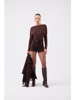 Holly Lolly Yüksek Bel Mini Valeri Süet Şort Kahve