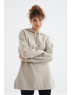Tommy Life Koyu Bej Reglan Kol Basic Kapüşonlu Oversize Sweatshirt Tunik - 97242