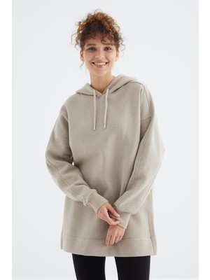 Tommy Life Koyu Bej Reglan Kol Basic Kapüşonlu Oversize Sweatshirt Tunik - 97242